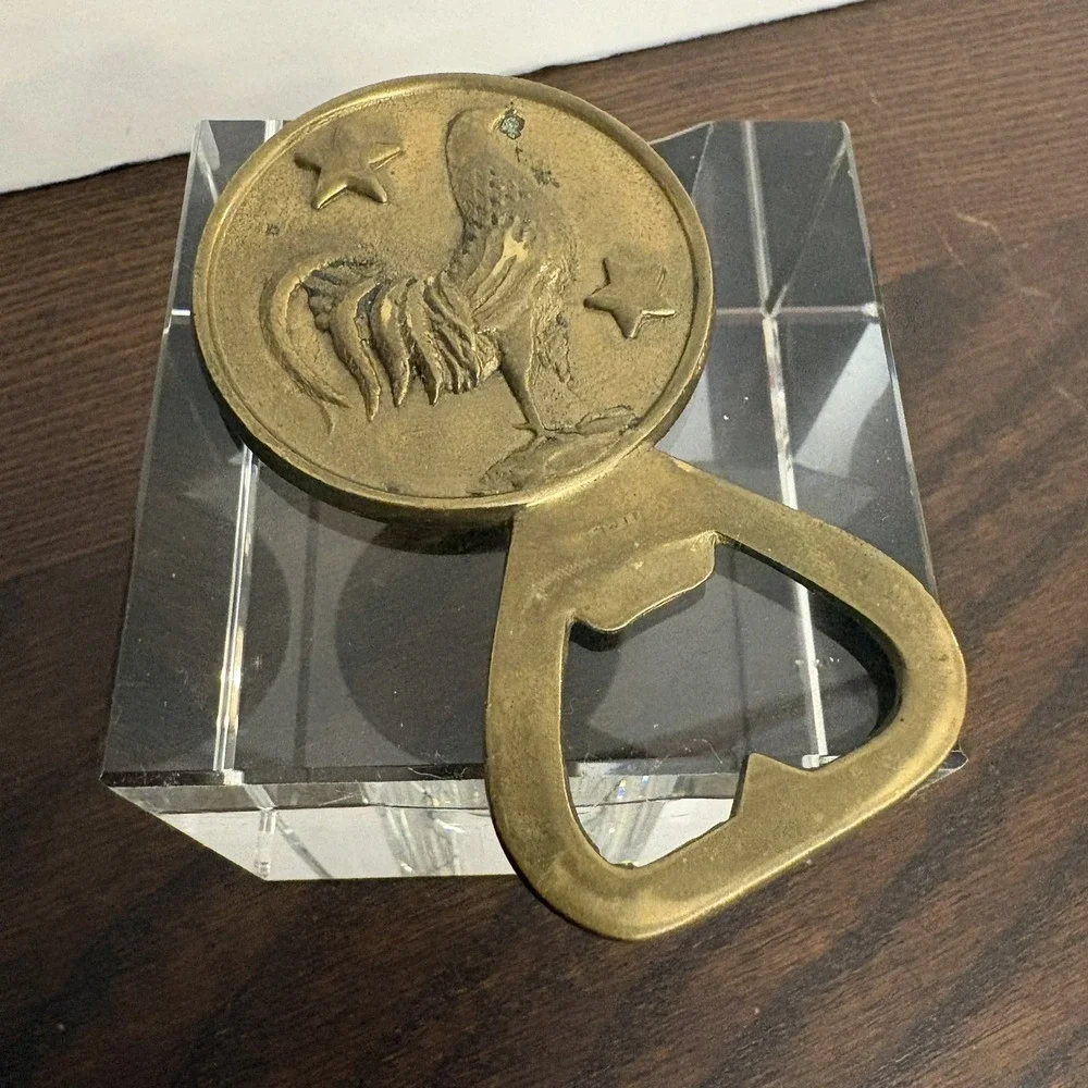 Vintage Italy Solid Brass Bottle Opener Eagle Rooster Coin Figural Barware
